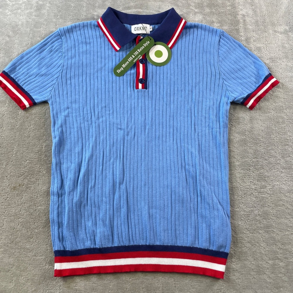OXKNIT Polo Shirt Mens Medium Blue Ribbed Knit Retro Short Sleeve Boho Casual